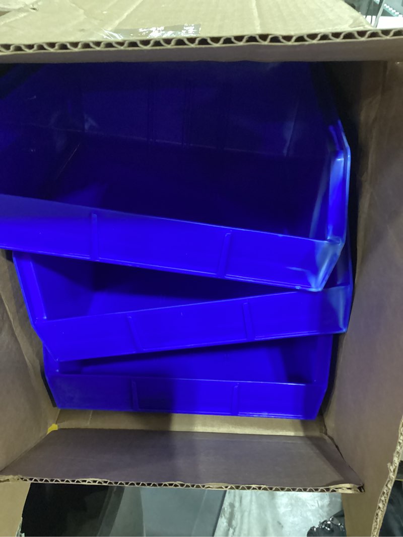 Condition photo showing Good Condition for akro-mils 30235 akrobins plastic storage bins, space-saving stackable bins for garage, pantry, craft organization, 11" x 11" x 5", blue, 6-pack blue storage bins only