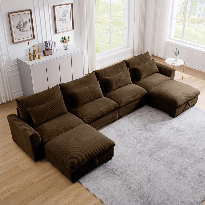 (Incomplete armless sofa only) (1 box only) Big Deep Seat U-Shaped Corduroy Sectional Couches for Living Room Fabric: Brown Corduroy