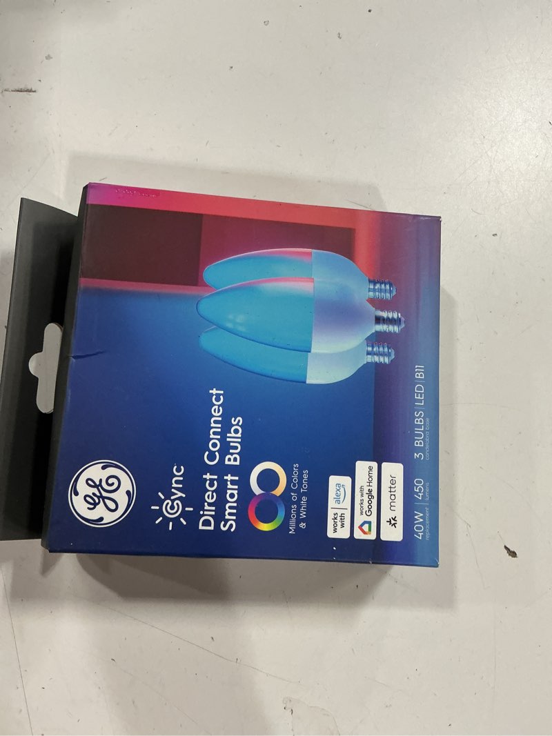 Condition photo showing New/Like New for GE Cync Smart LED Light Bulbs, Color Changing Decorative Light Bulbs, Indoor WiFi Lights, Matter Compatible, Compatible with Alexa and Google Home, Candelabra Base (3 Pack)