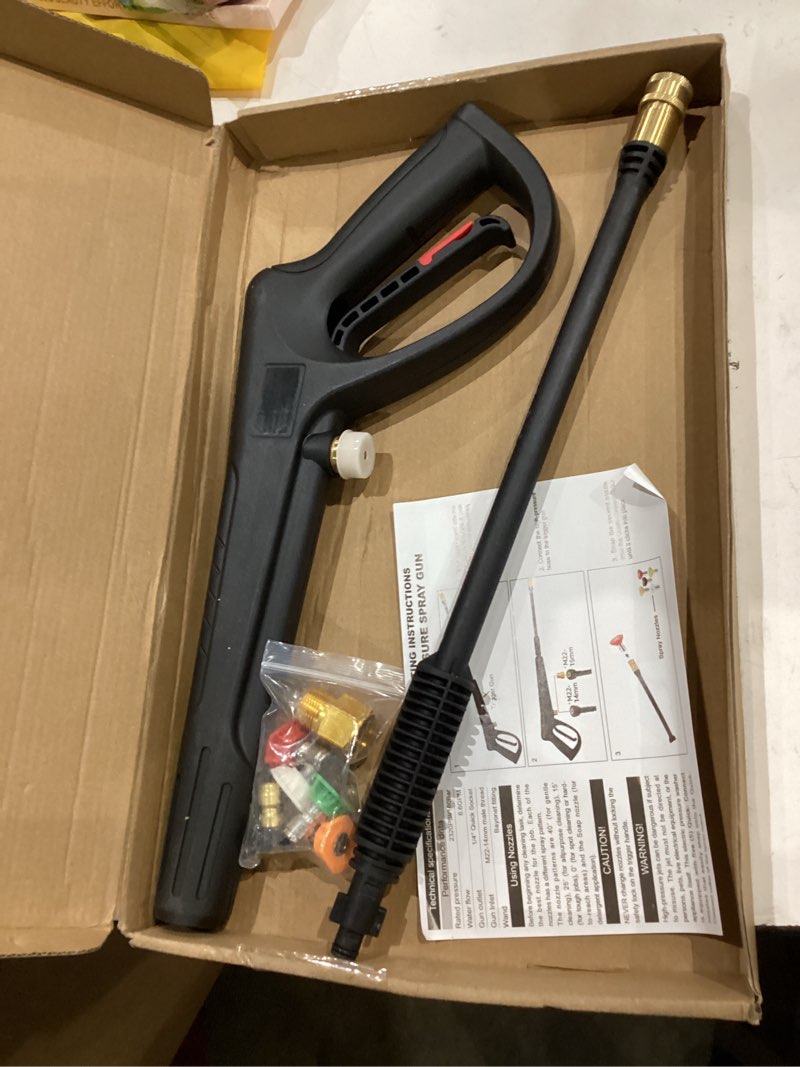 Condition photo showing Good Condition for pressure washer gun with extension wand & 5 spray nozzle tips, m22-14mm & m22-15mm fitting replacement for ryobi, karcher, powerstroke, greenworks, husky, raptor blast, electric power washer standard nozzle black