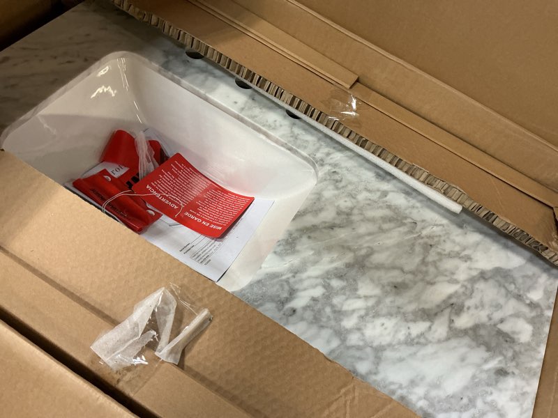 Condition photo showing As Is for allen + roth roveland 36-in white undermount single sink bathroom vanity with carrara natural marble top