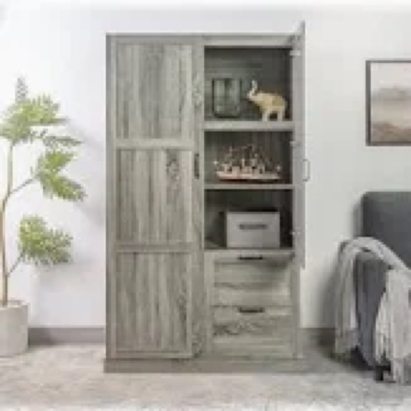 (INCOMPLETE) (BOX 2 ) Multipurpose Bedroom Armoire Wardrobe Closet Pantry Storage Cabinet with Drawers Finish: Gray Oak