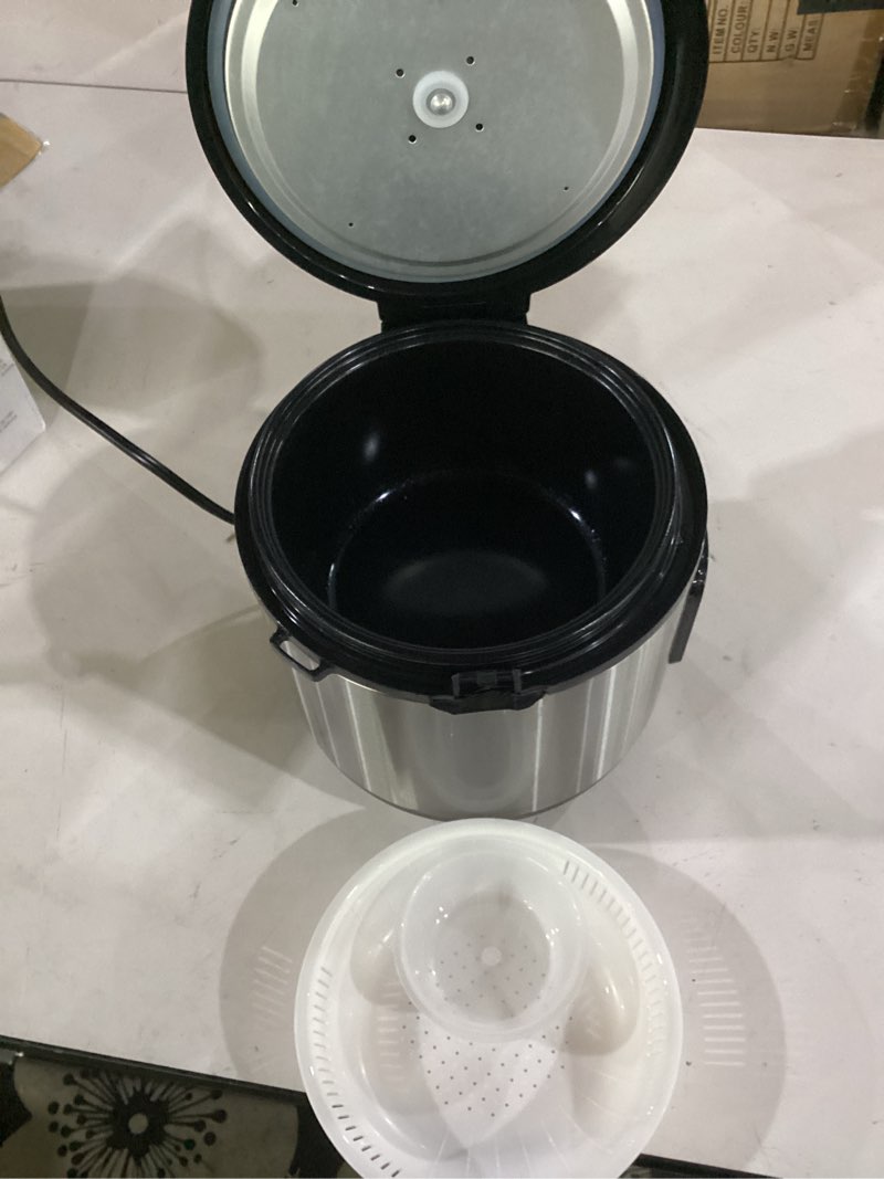 Condition photo showing Good Condition for not tested**** hamilton beach digital programmable rice cooker & food steamer, 8 cups cooked (4 uncooked), with steam & rinse basket, stainless steel (37518) stainless steel 8 cups cooked (4 uncooked)