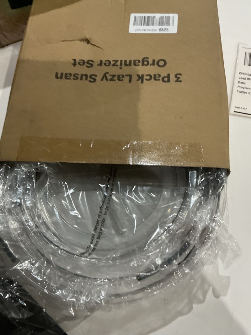 Condition photo showing Good Condition for LAMU 3 Pack Lazy Susan Organizer Turntable for Cabinet, Pantry Organizers and Storage, Rotating Condiment Organizer for Kitchen, Table Top, Fridge, Countertop, Spice Organization, 9.25'' 10.6'' 12'' Clear 3 Pack 12in+10.6in+9.25in