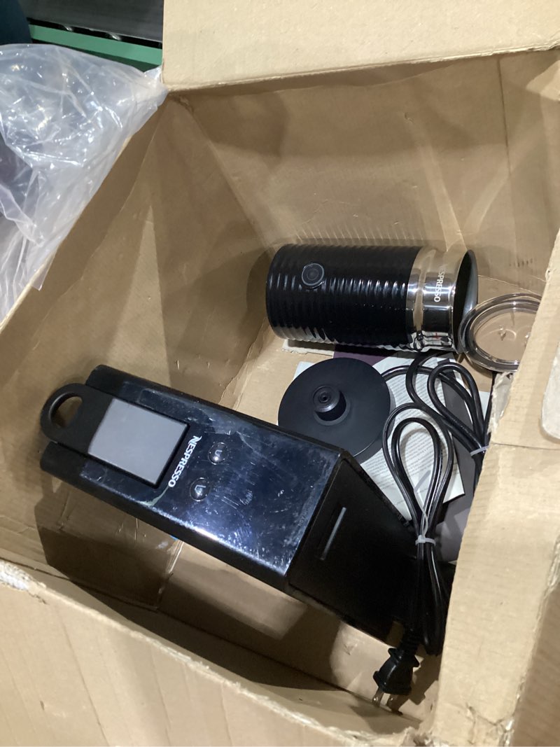 Condition photo showing As Is for Nespresso Essenza Mini Espresso Machine by Breville with Milk Frother,20.3 fl oz, Piano Black, USED, NOT TESTED, MISSING PARTS