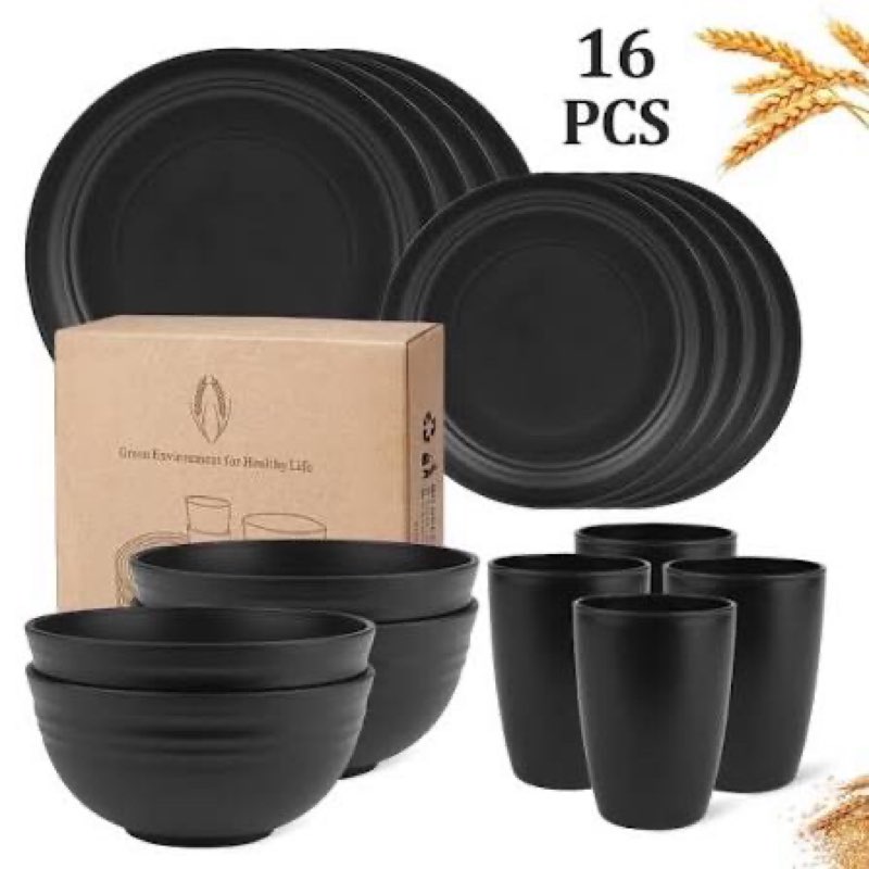 Black Dinnerware Set Pieces Plastic BPA-Free Dinner Plates, Salad Plates, Cereal Bowls, Cups, Unbreakable Plates and Bowls Sets for Kitchen, Microwave and Dishwasher Safe