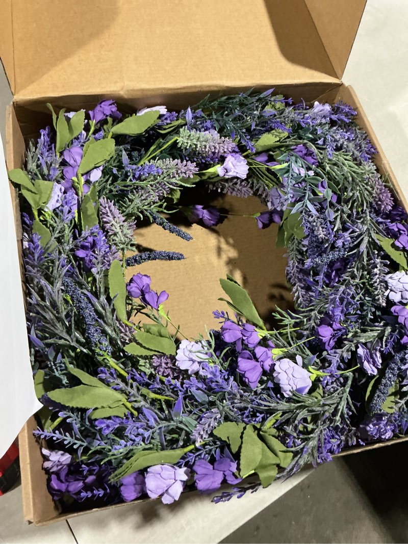 Condition photo showing As Is for 26" lavender & eucalyptus wreath for front door, porch, window - large artificial greenery outdoor wreath for home, farmhouse decor - spring, summer, fall, all seasons (purple)