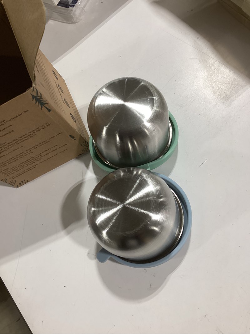 Condition photo showing Good Condition for 2 pack stainless steel spill proof snack cup for baby toddlers kids, with silicone food catcher, travel lid, spill-proof bowl containers, toddlers essentials, non toxic bpa free light blue and green