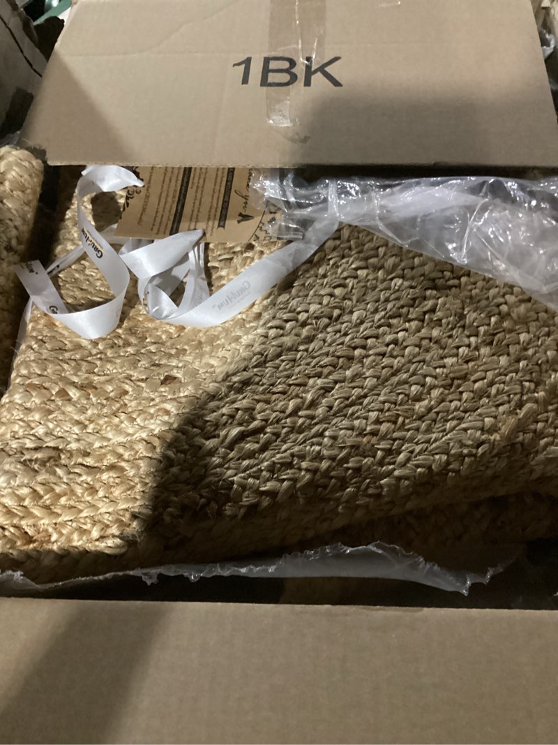 Condition photo showing Good Condition for GRUHUM Handwoven 5ft Jute Area Rug Natural Fiber Round Boho Farmhouse Rustic Vintage Soft Braided Reversible EcoFriendly Rugs for Indoor EcoFriendly Kitchen Bedroom Living Room Hallways (5' ft Round) 5' (Round) Natural- 12