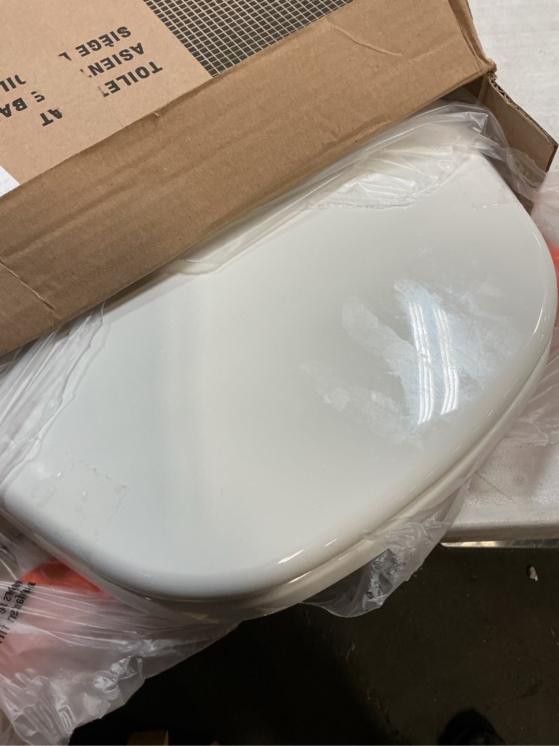 Condition photo showing As Is for BEMIS 1240200 Eljer Emblem Plastic Toilet Seat, Made Specifically for Eljer Emblem Toilets, Made in USA, Round, White
