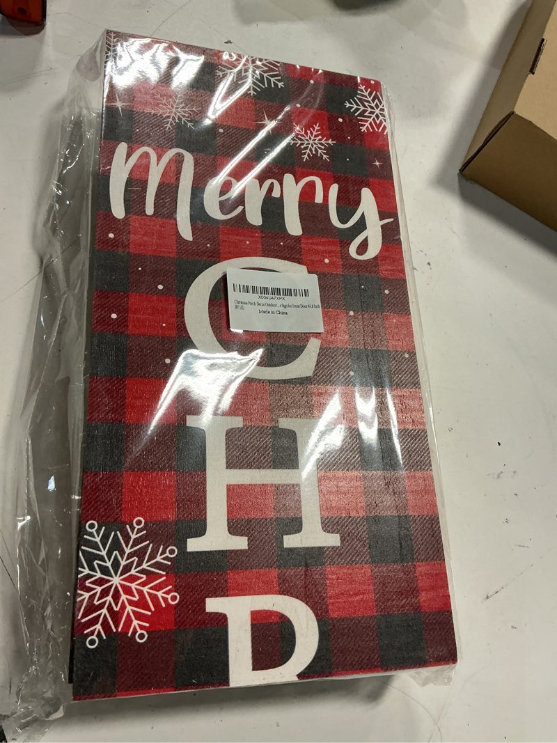 Condition photo showing New/Like New for christmas porch sign merry christmas porch decor outdoor decorations snowman red buffalo plaid wooden door decorations indoor outside welcome sign for front door 46.8 inch