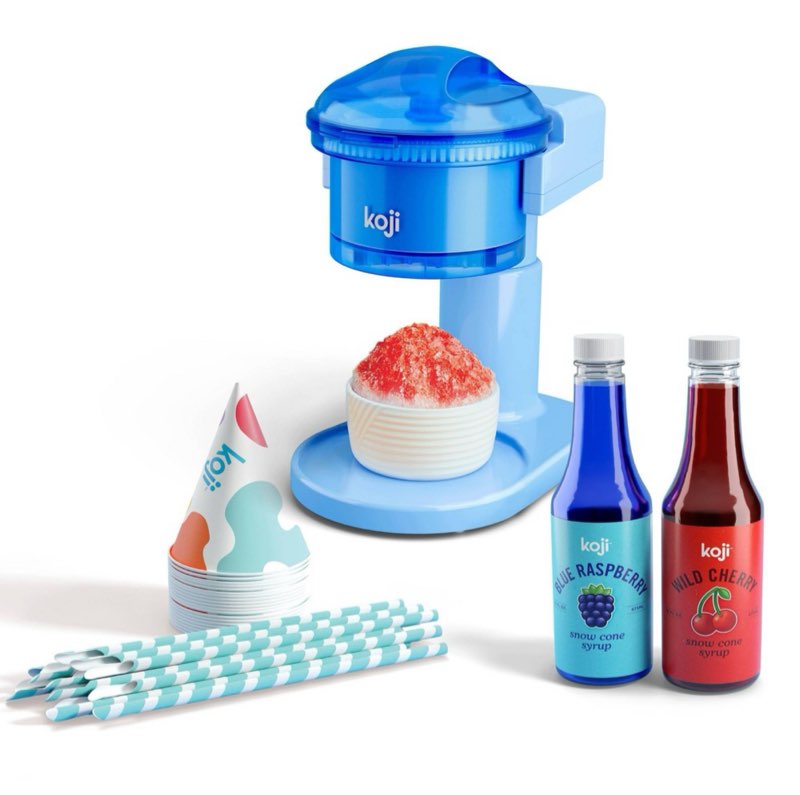 Koji Snow Cone Maker Set: Blue Plastic Shaved Ice Machine & Slushie Maker, Hand Wash, 30W