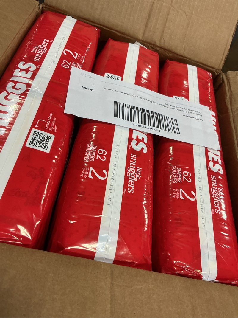 Condition photo showing New/Like New for Huggies Size 2 Diapers, Little Snugglers Baby Diapers, Size 2 (12-18 lbs), 186 Count (3 Packs of 62), Packaging May Vary