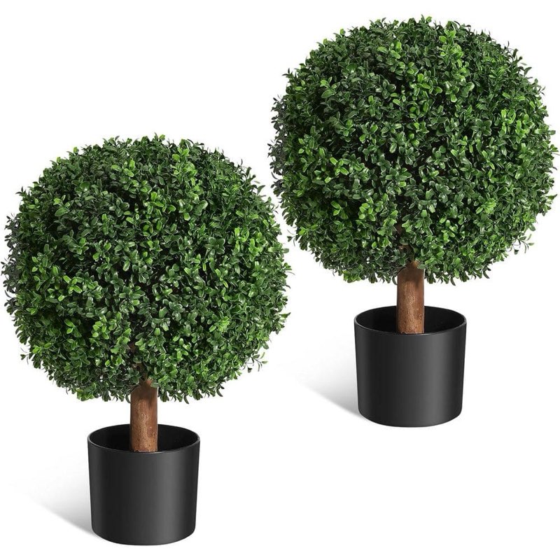 24 in. Artificial Topiary Boxwood Ball Trees, Set of 2 UV Resistant Plants