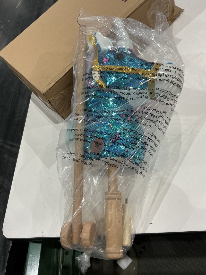 Condition photo showing New/Like New for hollyhome sequin unicorn stick horse handcrafted hobby horse on a stick with wood wheels real pony neighing and galloping sounds plush unicorn toy blue 36 inches(aa batteries required)