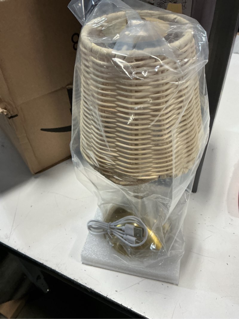 Condition photo showing New/Like New for 2 pack woven table lamp 12 inch portable cordless table lamp rechargeable gold bedside light with woven rattan shade for bedroom living room dining