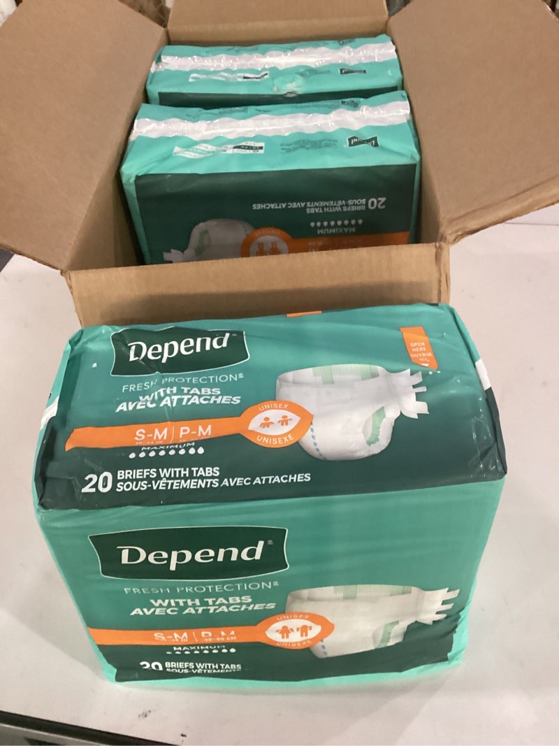 Condition photo showing New/Like New for depend adult diapers with tabs, incontinence protection with tabs, unisex, small/medium (19–34" waist, up to 170 lbs), maximum absorbency, 60 count (3 packs of 20) small/medium 60