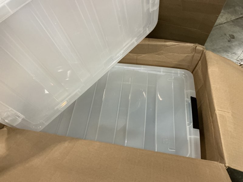 Condition photo showing Good Condition for iris usa 72 qt plastic storage box with lid and latches - 4 pack - bpa-free, see-through organizing solution, durable nestable stackable containers, secure pull handle - clear clear 72 qt 4 pack