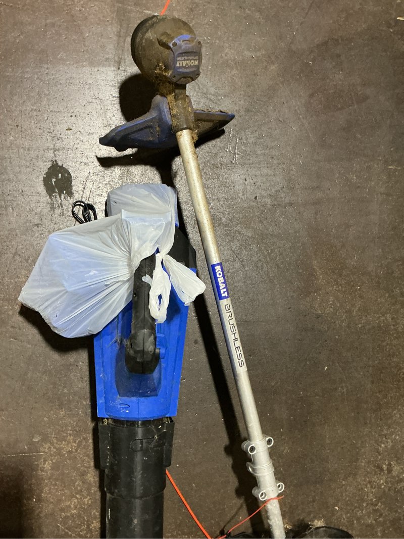 Condition photo showing As Is for kobalt 24-volt bl leaf blower and string trimmer combo kit