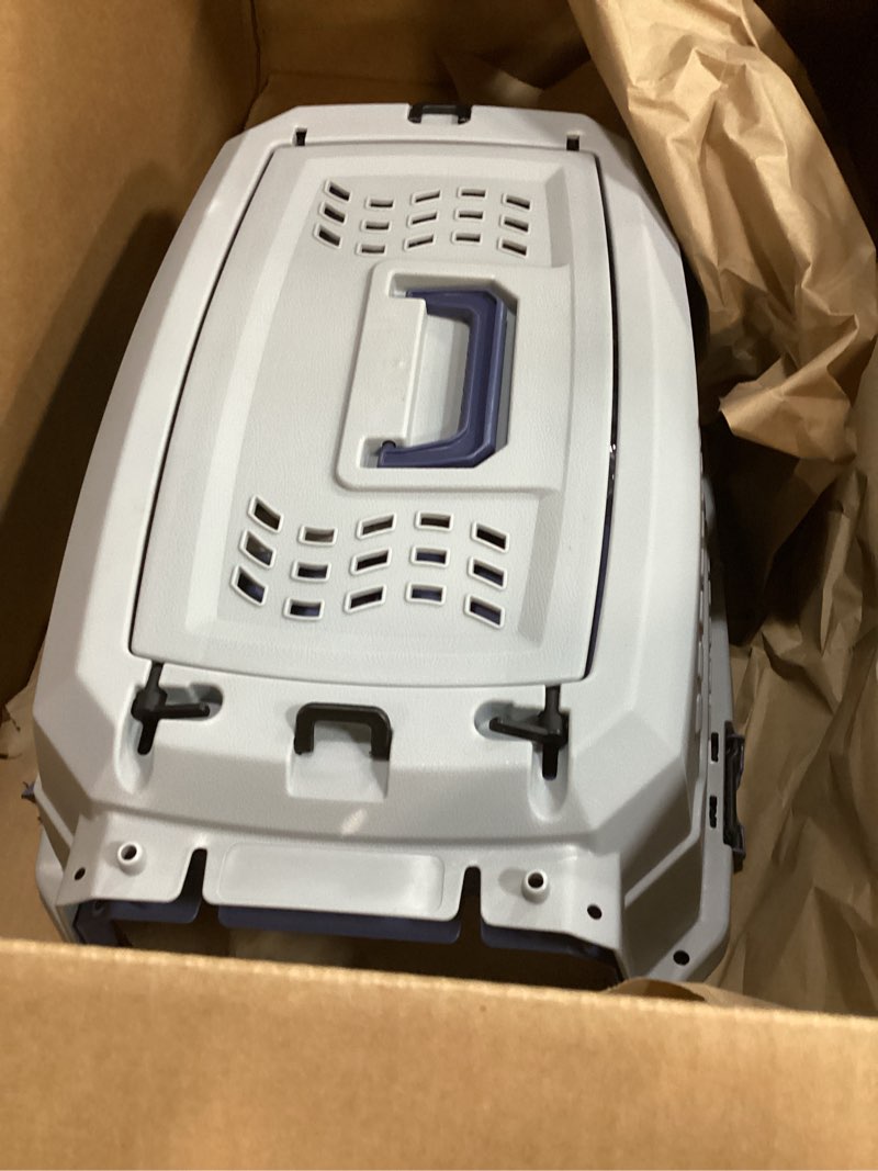 Condition photo showing As Is for Amazon Basics 2-Door Top-Load Hard-Sided Dogs, Cats Pet Travel Carrier, Gray & Blue, 22.8"L x 15.0"W x 13.0"H Gray & Blue 22.8"L x 15.0"W x 13.0"H