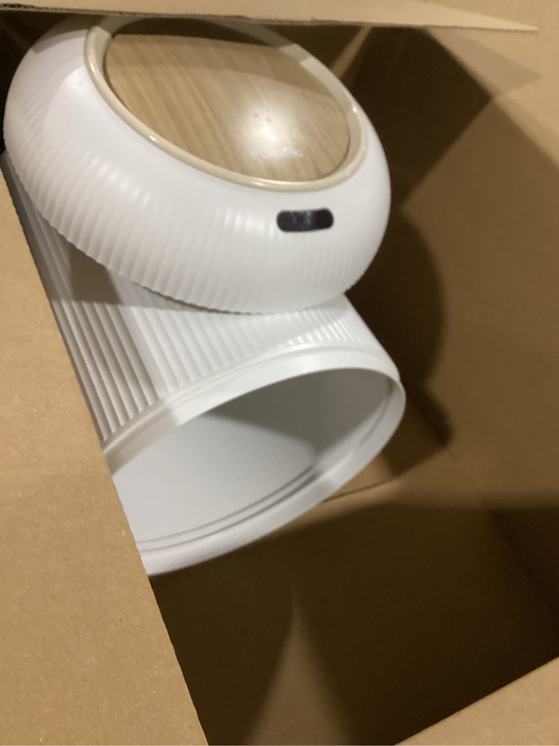 Condition photo showing As Is for Pukomc Smart Sensor Wastebasket, Convenient and Hygienic Easy to Use, Technology Sensor Waterproof Wastebasket Plastic Trash can for Kitchen, Bathroom, Bedroom, Living Room, Office and Outdoor 1 Pack white