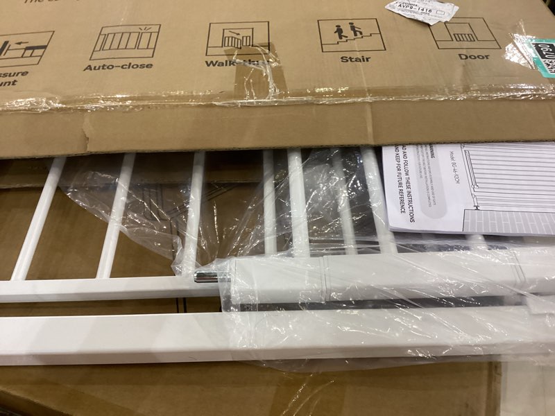 Condition photo showing As Is for COMOMY 36" Extra Tall Baby Gate for Stairs Doorways, Fits Openings 29.5" to 46" Wide, Auto Close Extra Wide Dog Gate for House, Pressure Mounted Easy Walk Through Pet Gate with Door, White 36"Tall 46"Wide White