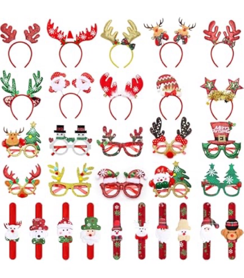 Toolterritary 30PCS Christmas Glasses, Headband and Slap Bracelets - Cute Decorations for All People