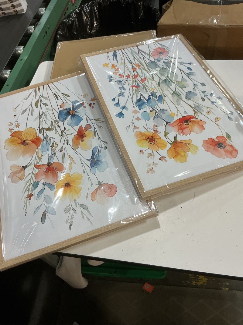Condition photo showing New/Like New for framed colorful flowers canvas wall art for bathroom decor, blue floral print, yellow orange flowers artwork pictures poster for bedroom living room office decoration 12"x16"x2 panels 16"l x 12"w colorful flowers b