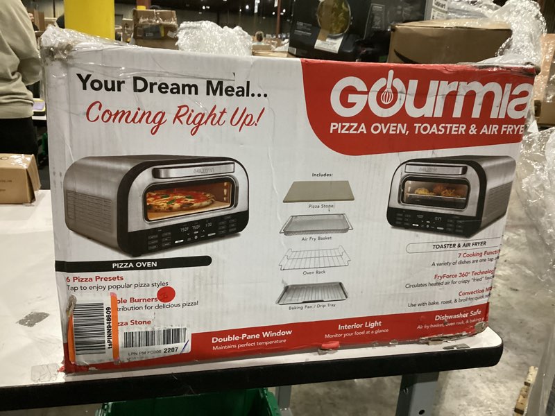 Condition photo showing As Is for Gourmia Indoor Pizza Oven Air Fryer Toaster – 1800W Countertop Multi-Cooker with Pizza Stone, Digital Controls & 6 Presets, Stainless Steel