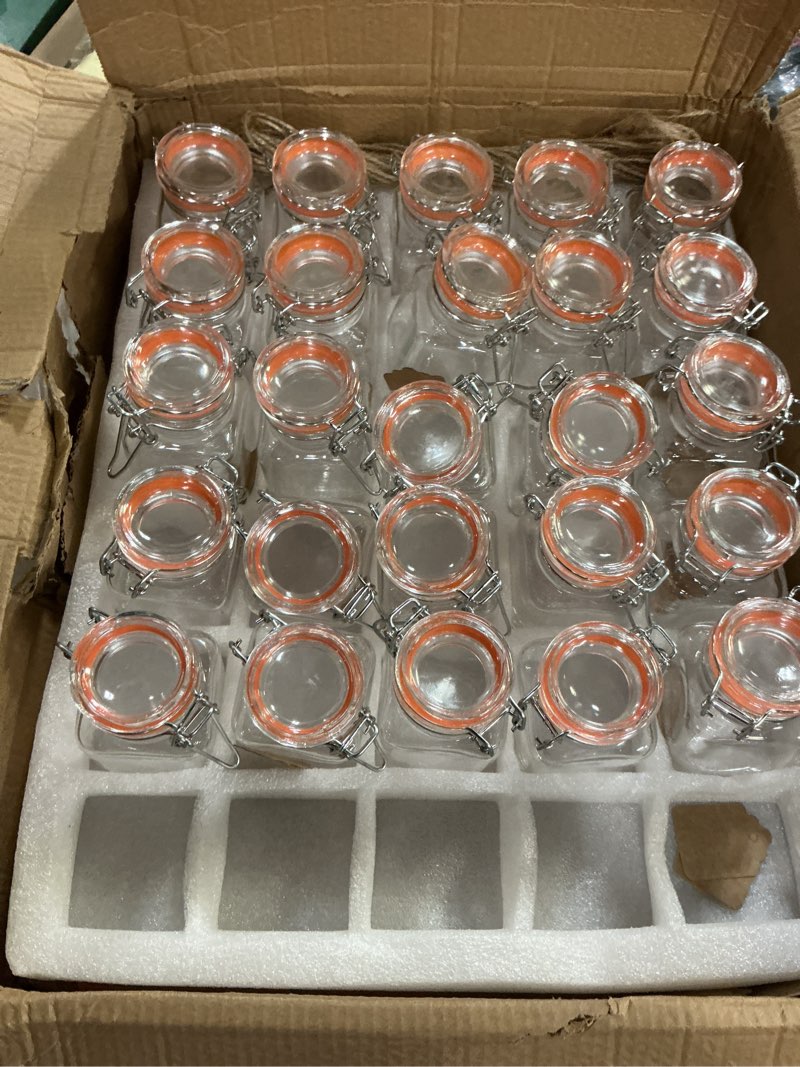 Condition photo showing As Is for (missing 5)4 oz glass jars with airtight lids and leak proof rubber gasket,small mason jars with hinged lids for kitchen, mini spice jars with twine and tags labeling 30 pack square-4oz30pack