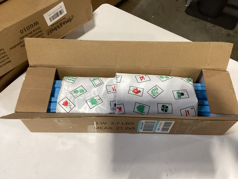 Condition photo showing As Is for mahjong racks with pushers, blue wooden american mahjong tile pushers and racks set of 4, with white printed mahjong racks drawstring bag, mahjong accessories (19.68 inches)