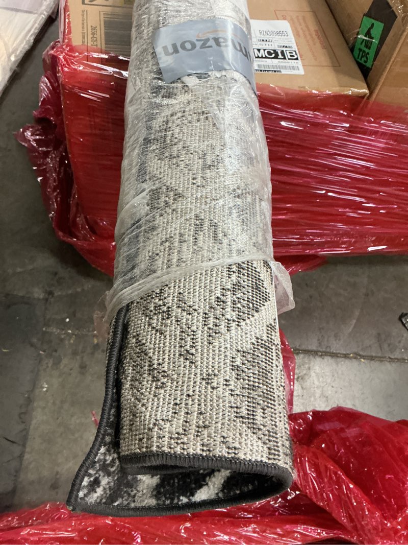 Condition photo showing As Is for Livabliss Area Rugs - 8x10 Chester Boho Moroccan Black Rug for Living Room Bedroom - Large White Grey Geometric Stain Resistant Carpet for Nursery, Kitchen And Office (7'10" x 10'2") Black 7'10" x 10'3" (Rectangular)