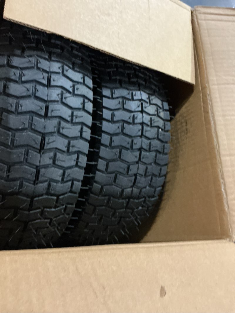 Condition photo showing New/Like New for 13x5.00-6 tire and wheel, set of 2 rubber pneumatic riding lawn mower tires, heavy duty lawn mower wheels with 3/4" bushings and 6.6" centered hub, tractor & lawnmower tires