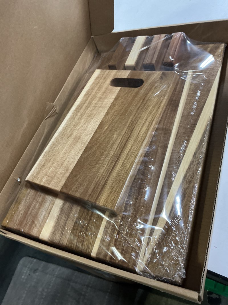 Condition photo showing New/Like New for Acacia Cutting Board Set of 3 with Holder, Solid Acacia Wood Chopping Boards, Thick Kitchen Cutting Boards, Serving Boards for Meat, Vegetables and Fruits