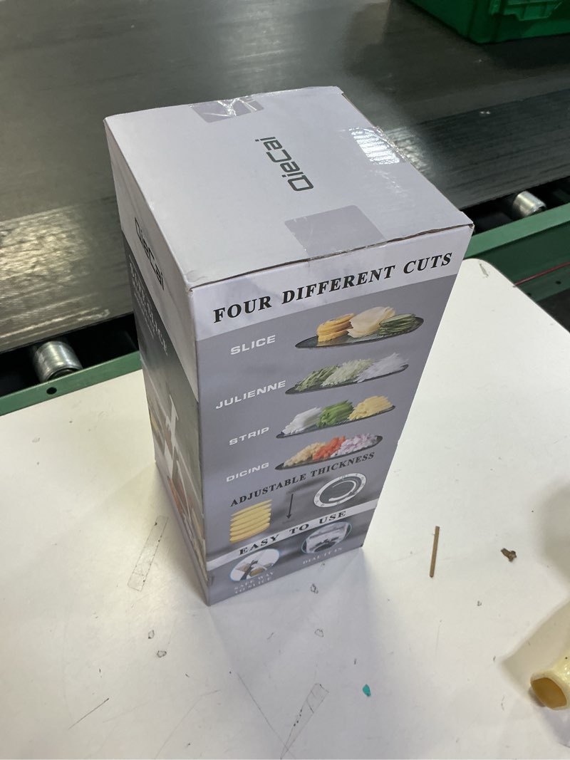 Condition photo showing New/Like New for Safe Mandoline Vegetable Chopper With Container for Kitchen, Professional, More with 30+ Presets & Thickness Adjuster, Faster Food Slicer Gadgets for Onion,Potato - Gray