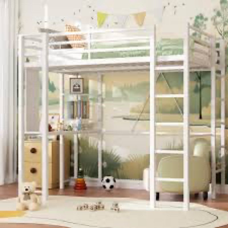 Shintenchi Twin Size Loft Bed with Desk, Metal Frame with 2 Side Ladders, Storage Shelves, Safety Gu