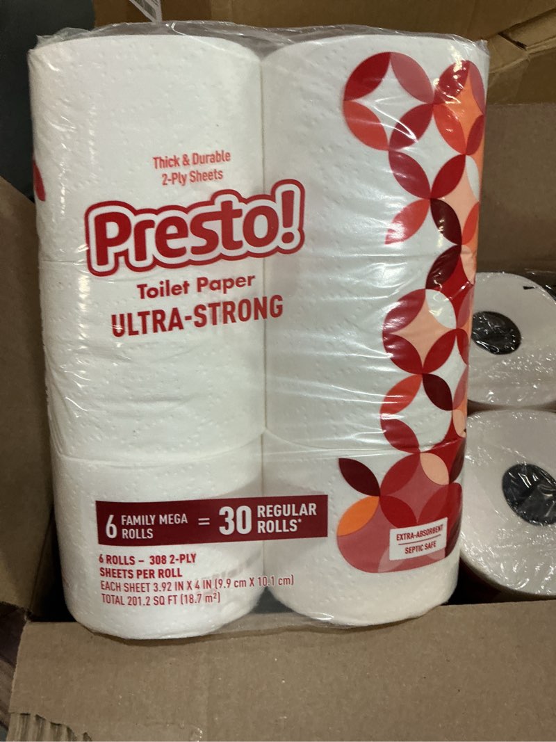 Condition photo showing New/Like New for amazon brand - presto! 2-ply ultra-strong toilet paper, 24 mega rolls toilet paper = 120 regular rolls, 308 sheet (pack of 24), unscented