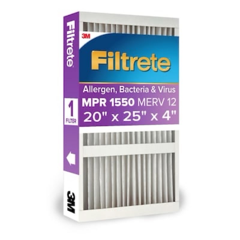 filtrete 20 x 25 x 4 merv 12 1550 mpr allergen, bacteria and virus electrostatic pleated air filter
