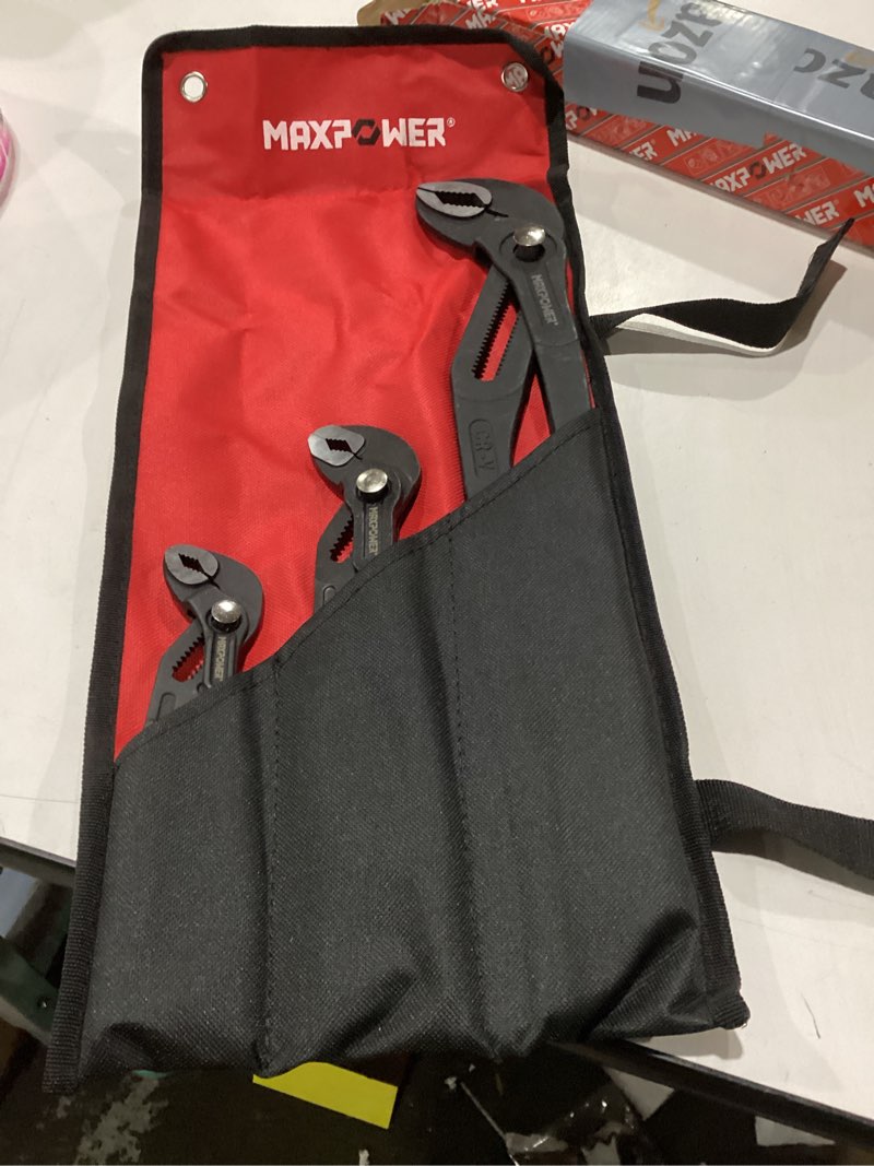 Condition photo showing New/Like New for maxpower water pump pliers set. plumbing pliers 3 pieces kitbag set. 7-inch, 10-inch and 16-inch push button quick adjust tongue and groove pliers set push button quick adjust/7"+10"+16"