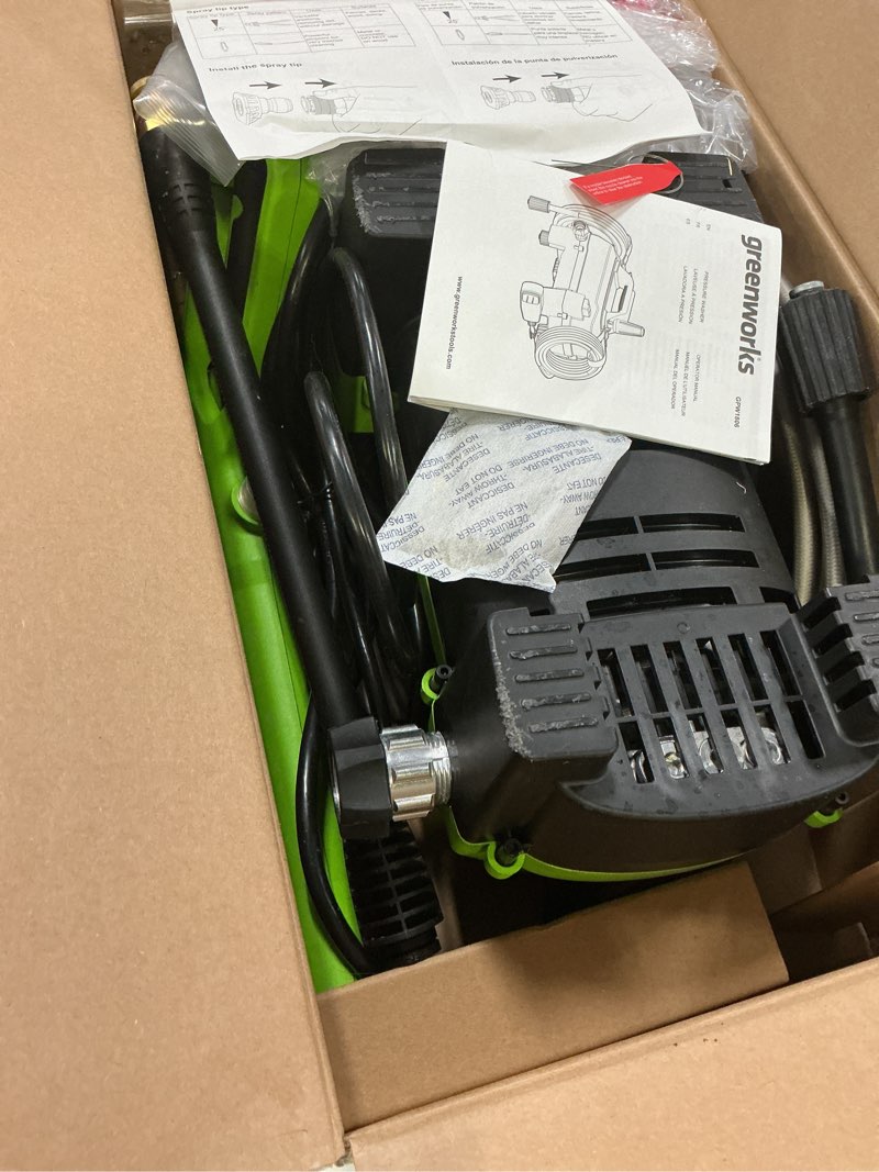 Condition photo showing As Is for greenworks 1800-psi 1.2-gpm cold water electric pressure washer with 2 spray tips