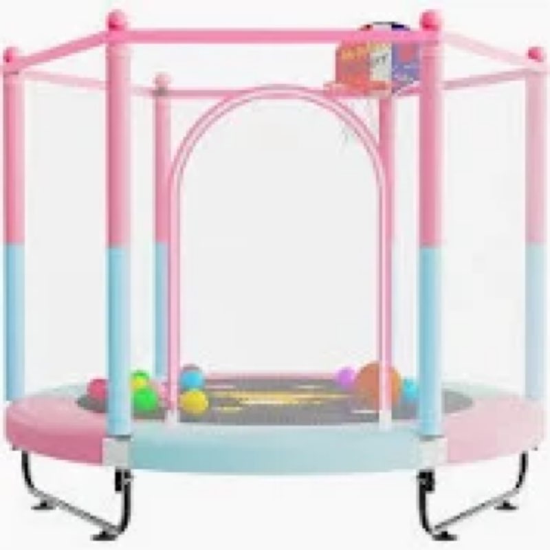 60" trampoline for kids, 5 ft toddler baby trampoline with safety enclosure net, indoor or outdoor pink/blue small trampolines with basketball hoop, birthday gifts for kids, gifts for girl age 3-8