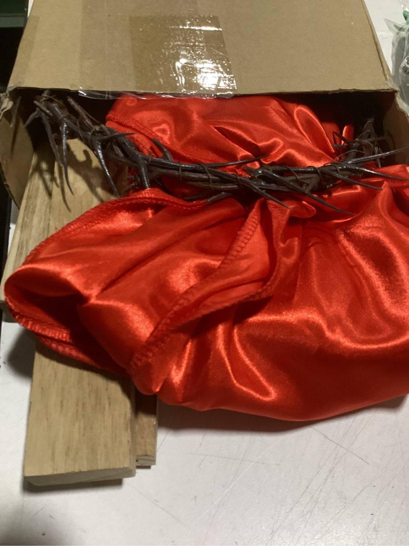 Condition photo showing Good Condition for junkin 53 pcs christian advent church decor set 35" standing wooden cross with red satin cloth crown of thorns 50 palm leaves for church altar advent devotional displays