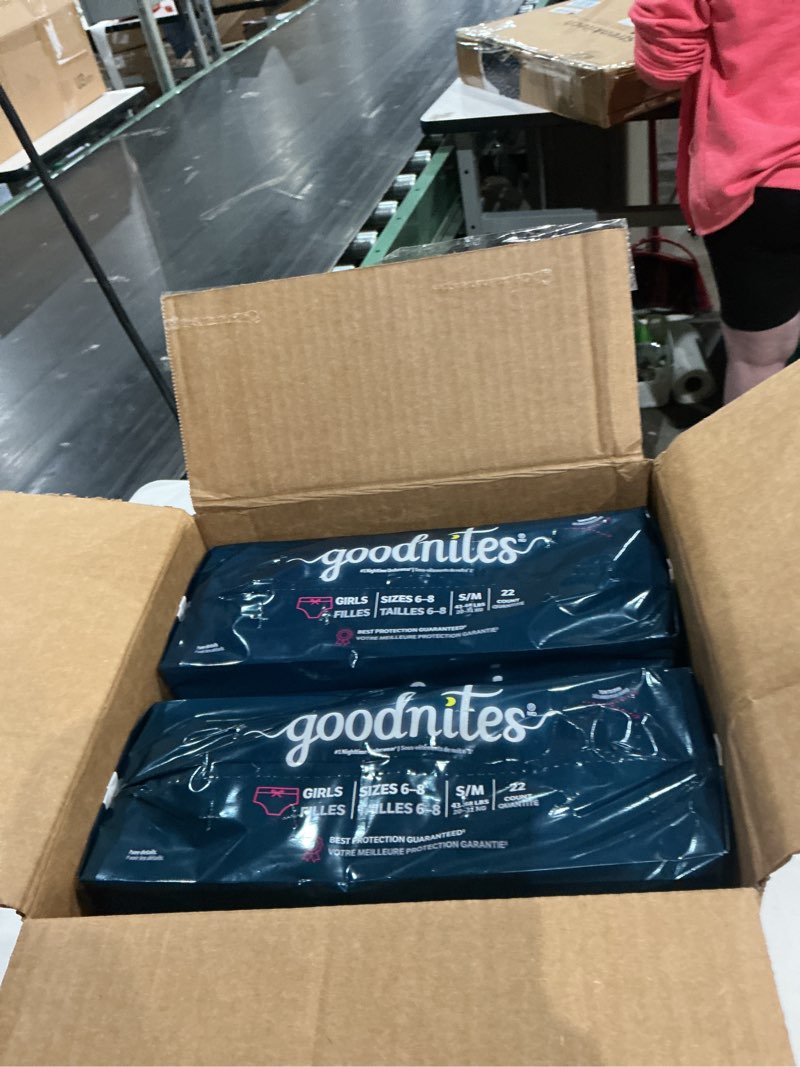 Condition photo showing New/Like New for goodnites girls' nighttime bedwetting underwear, size s/m (43-68 lbs), 44 ct (2 packs of 22), packaging may vary small/medium 44