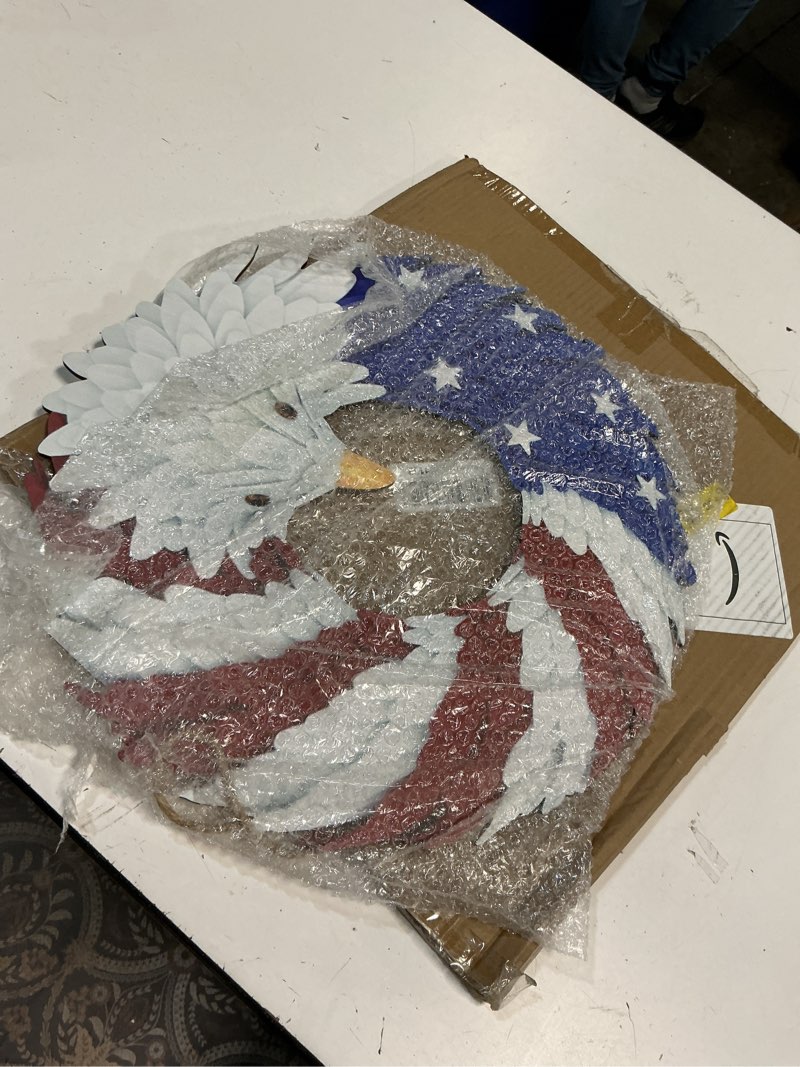 Condition photo showing As Is for 2026 eagle flag wreath, 250th anniversary patriotic eagle wreath, red white and blue with stars, independence day 4th of july front door wall decor (medium-2d, round) medium-2d round