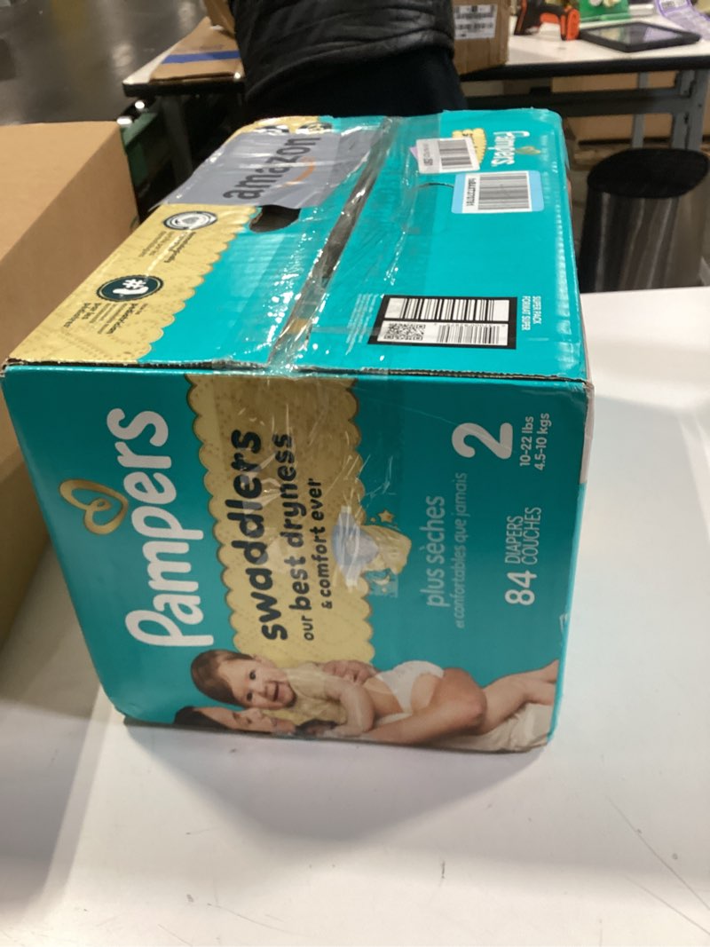 Condition photo showing New/Like New for pampers swaddlers diapers, size 2 (10-22 lbs), 84 count, absorbent, keeps baby dry and comfortable, skin safe disposable baby diaper (packaging may vary) size 2 84