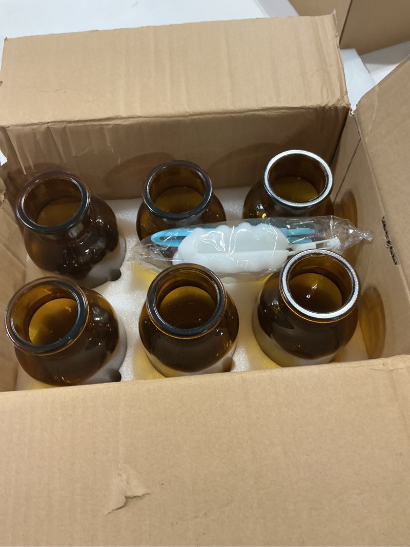 Condition photo showing Good Condition for piniwon set of 6 amber bud vases, small glass vases, vintage medicine bottles apothecary jars with brush, flower vases for home decor, wedding centerpieces