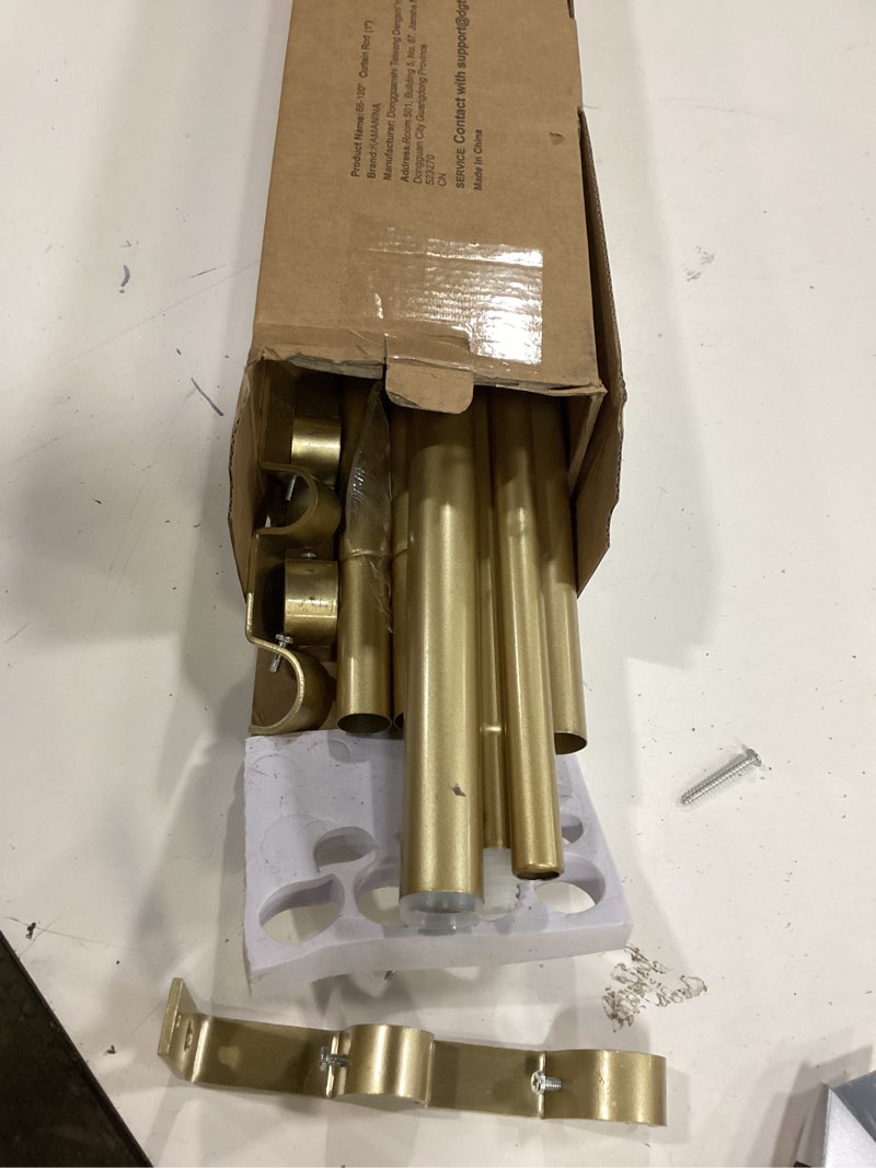 Condition photo showing As Is for kamanina 1 inch double curtain rods 66 to 120 inches (5.5-10 feet), heavy duty adjustable double curtain rod for windows, gold drapery rods with end caps gold 66-120"