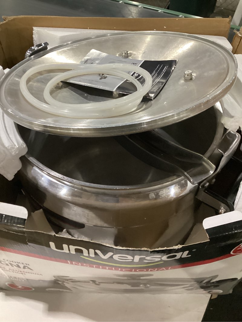 Condition photo showing As Is for universal (extra large) 53-quart aluminum pressure cooker for professional use – commercial-grade, 2 safety valves, reinforced handles, easy-open lid, – ideal for large kitchens, and restaurants 53 quarts