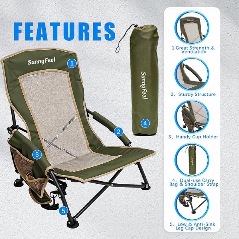 sunnyfeel low folding beach chair for adults, portable lightweight sling beach camping chairs with cup holder, armrest