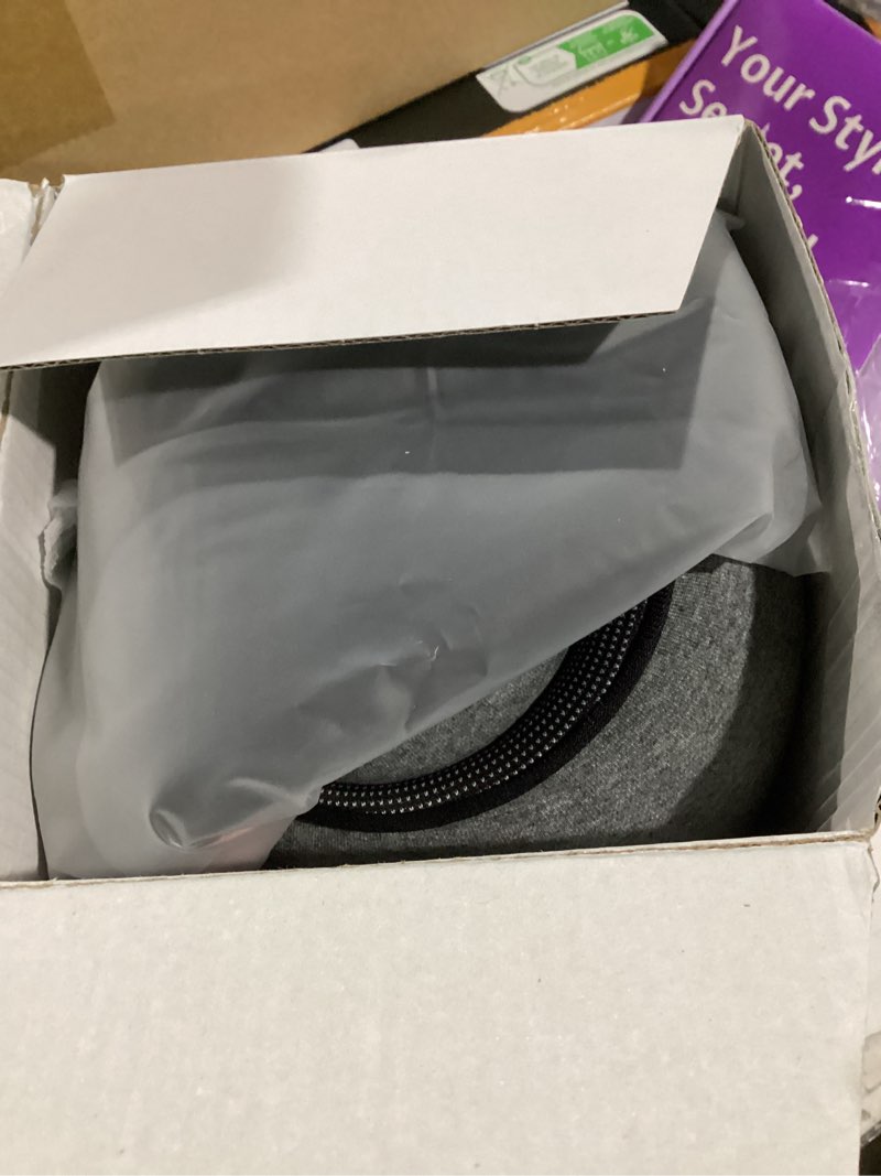 Condition photo showing As Is for Travel Neck Pillow with 100% Pure Memory Foam, G-Shape, Includes Eye Mask & Ear Plugs, Ergonomic Design for Airplane, Car & Office, etc, Beige Gray